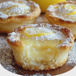 May include: Three round lemon tarts with golden-brown crusts, filled with a smooth yellow lemon curd, topped with a thin slice of fresh lemon, and finished with a light dusting of white powdered sugar on the pastry and the surrounding area.