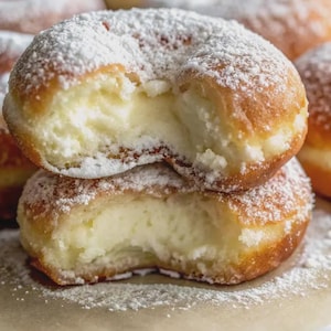 Può includere: Due paste fritte rotonde e dorate impilate l'una sull'altra, entrambe spolverate con zucchero a velo bianco. La pasta superiore presenta un grande morso, che rivela un ripieno denso, cremoso e color bianco sporco all'interno.