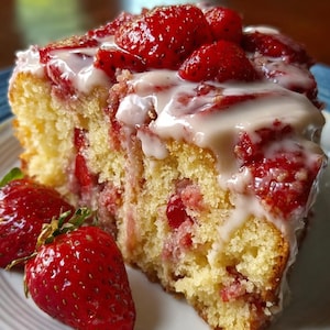 May include: A slice of strawberry cake topped with fresh red strawberries and a white sugar glaze. The cake has a golden yellow crumb with visible pieces of red strawberry baked throughout the interior and is served on a white plate.