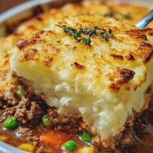 May include: A shepherd's pie in a white ceramic dish featuring a thick layer of golden-brown mashed potatoes topped with fresh green thyme sprigs, covering a savory base of ground meat, bright green peas, orange carrots, and yellow corn kernels.