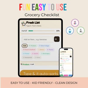 May include: A digital grocery checklist application displayed on a tablet and smartphone. The interface features a shopping cart icon, the text Fresh List, and category buttons for produce, dairy, and meat. The screen shows a progress bar.