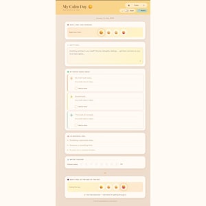 May include: A digital daily planner interface titled My Calm Day with sections for mood tracking, journaling, task lists, gratitude prompts, and a water tracker. The layout features a soft beige color palette with rounded rectangular containers.