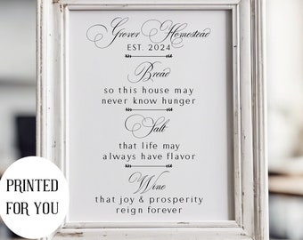 PRINTED New Home Blessing - Personalized - Bread, Salt, Wine Cardstock Sign NO frame is included