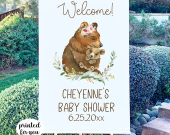 Girl Woodland Baby Shower Welcome Sign - Girl Roses Bear Baby Shower Welcome Sign - NO frame or easel is included