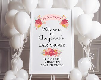 PRINTED Sometimes Miracles come in Pairs Twins Baby Shower Welcome Sign personalized with Spring Garden Flower-NO frame or easel is included