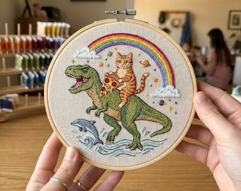 Cat Riding Dinosaur Embroidery Kit | Funny Pizza Cat Craft | Surreal Space Dino DIY | Unique Animal Lover Gift