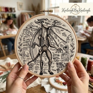 May include: An embroidery hoop with a black and white illustration of the Jersey Devil. The design includes the creature's skeletal form, wings, and botanical and text details. The hoop is held by a person.