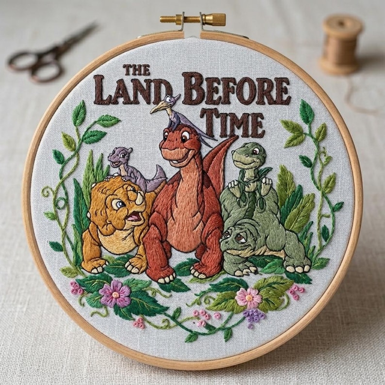 May include: Embroidered hoop art featuring characters from "The Land Before Time." The design includes several dinosaurs in shades of orange, yellow, and green, surrounded by green foliage and pink flowers. The title is stitched in brown.