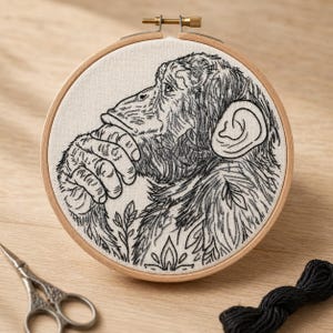 Kit de bordado de chimpancé - Retrato de mono pensativo - Arte moderno de la vida salvaje - Regalo DIY para hombres - Proyecto de pasatiempo relajante
