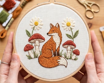 Fox Embroidery Kit – Woodland Red Fox, Mushrooms, Daisies – Beginner Craft Project