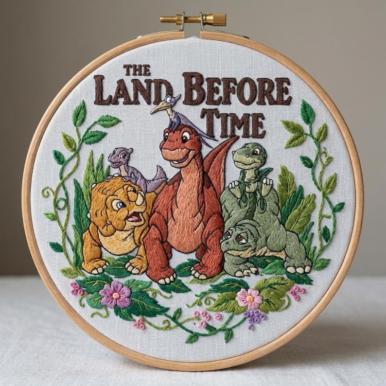 May include: Embroidered hoop art featuring characters from "The Land Before Time." The design includes several dinosaurs in shades of orange, green, and yellow, surrounded by embroidered foliage and flowers. The title is stitched in brown thread.