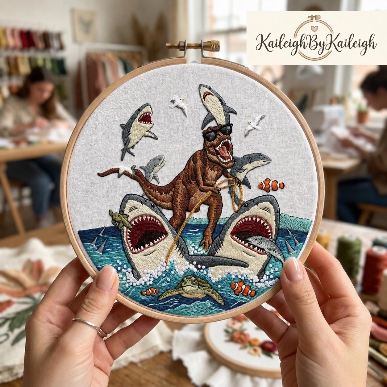 Dinosaur Embroidery Kit - T-rex Riding Sharks Funny Ocean Scene ...