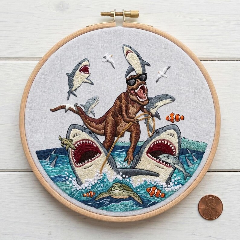Dinosaur Embroidery Kit - T-rex Riding Sharks Funny Ocean Scene ...