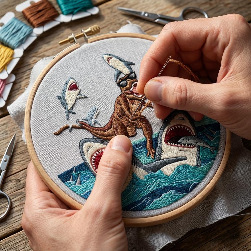 Dinosaur Embroidery Kit - T-rex Riding Sharks Funny Ocean Scene ...