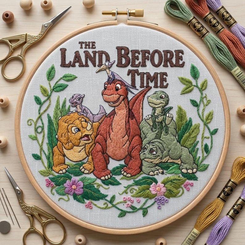 May include: Embroidered hoop art featuring characters from "The Land Before Time" with the title text. The design includes several dinosaurs in shades of orange, yellow, and green, surrounded by floral and leafy vines. Gold scissors and embroidery floss are visible.