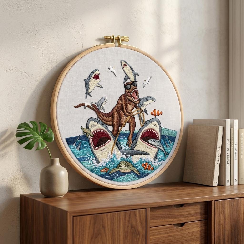 Dinosaur Embroidery Kit - T-rex Riding Sharks Funny Ocean Scene ...