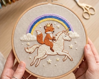 Fox Riding Unicorn Embroidery Kit – Whimsical Fairytale Nursery Wall Art