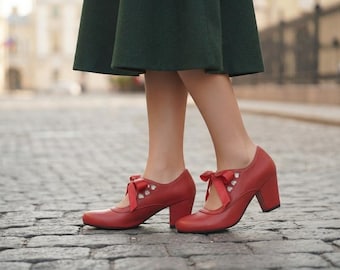 Red Mary Jane Heels, Vintage Inspired Block Heel Shoes with Bow, Heart Cutout Detail