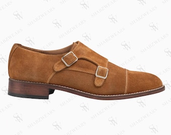 Handcrafted Tan Suede Double Monk Strap Shoes for Men - Classic Formal Cap Toe Dress Shoes - Premium Leather Sole Gentlemen Footwear