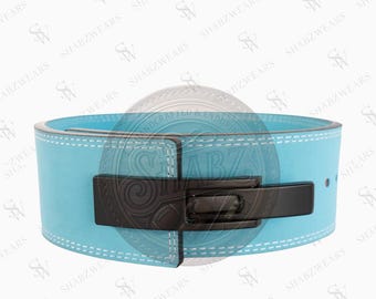 Cinturón de levantamiento de pesas de cuero azul cielo de primera calidad – Cinturón de soporte para gimnasio con hebilla de palanca