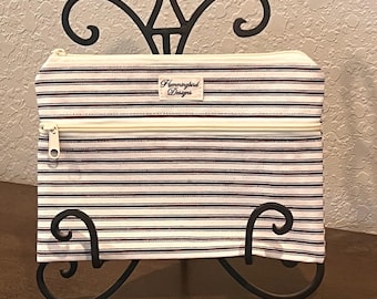 Double Zipper Woven Ticking Fabric Bag - Navy