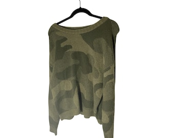 Lucky Brand Green Camo Pullover Crew Neck Sweater Oversized Size S
