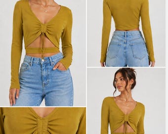 Olive Mustard Ribbed Knit Cutout Crop Top Ruched Front Small Concert Festival