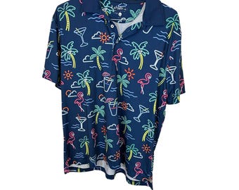 Polo de golf Chubbies para hombre, modelo Neon Flamingo Drinks Martini Blue, talla L