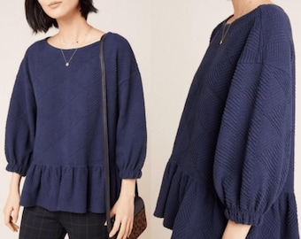 Maeve by Anthropologie Mikayla Peplum Lagenlook Minimalist Preppy Navy Top SZ S