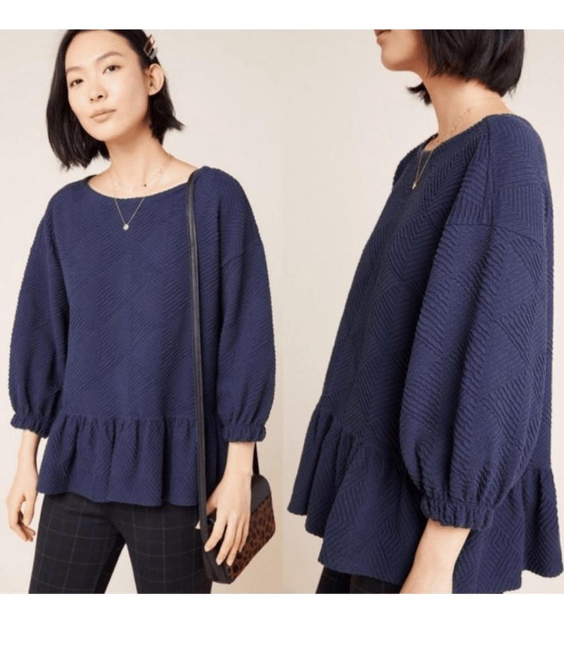 Maeve by Anthropologie Mikayla Peplum Lagenlook Minimalist Preppy Navy Top SZ S image 1
