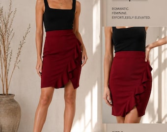 Windsor Burgundy Ruffle Wrap Bodycon Skirt Date Night Clubwear XS