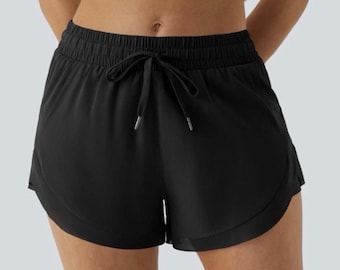 Halara Mid Rise Drawstring Contrast Mesh 2 In 1 Flowy Running Shorts 3"