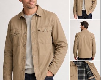 Chaqueta de trabajo para hombre NWT Valor color beige, estilo camionero, con forro a cuadros y botones.