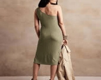 Banana Republic Tate Olive Green Ribbed Modest ONE-SHOULDER DRESS Sz  L