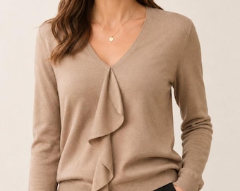 NWT LOFT Damski sweter z falbanką, dekolt w serek, rozmiar S, Kariera, mieszanka wełny w kolorze jasnobrązowym