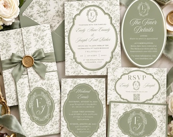 Sage Green Floral Wedding Invitation Template Mini Bundle Vintage Toile Invite Set Editable
