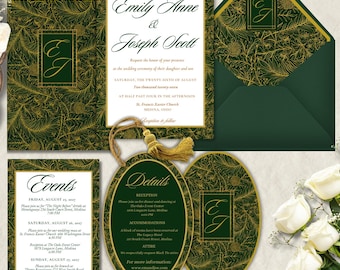 Victorian Wedding Bundle, Emerald Green Christmas Wedding Suite, Art Nouveau Botanical Floral, Old Money Editable Canva, Instant Download