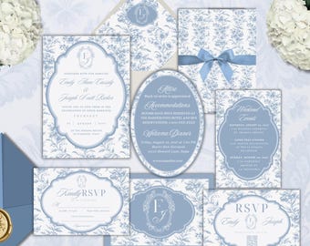 French Blue Wedding Invitation Mini-Bundle | Dusty Blue Vintage Toile Editable Canva Template | Heirloom Monogram Wedding Suite