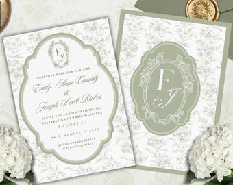 Sage Green Wedding Invitation Template Toile Floral Line Art Printable Invite Botanical Wedding Suite