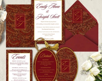 Vintage Victorian Wedding Bundle, Burgundy Christmas Wedding Suite, Art Nouveau Botanical Floral, Editable Canva, Instant Download
