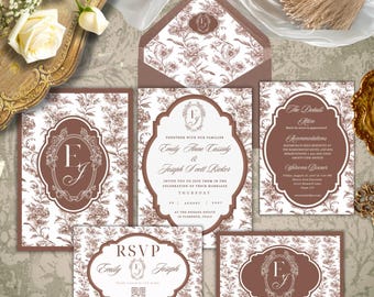 Brown Wedding Invitation Suite Bundle, The Camille Collection, Vintage Botanical Toile, Old Money Theme, Editable Canva, Instant Download