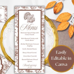 May include: A Thanksgiving menu card, place card, and invitation featuring a brown floral border and a turkey illustration. The menu lists dishes including Butternut Squash Soup, Herb-Roasted Turkey, and Garlic Mashed Potatoes, with the text Thanksgiving 2027.