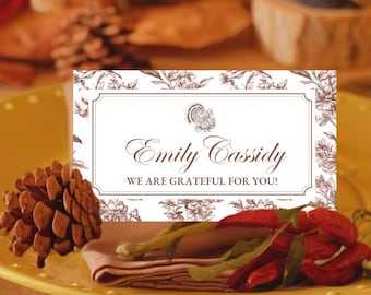 Thanksgiving Friendsgiving Place Card Food Tent, Editable Canva Card, Vintage Botanical Toile, Brown Fall Dinner Party