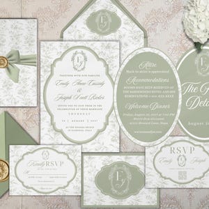 Sage Green Wedding Invitation Template Toile Floral Line Art Printable Invite Botanical Wedding Suite image 13