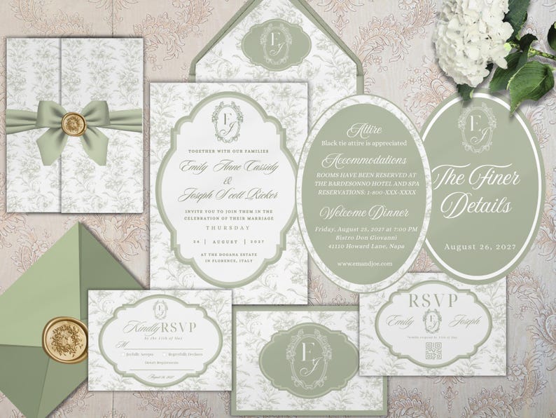 Sage Green Wedding Invitation Template Toile Floral Line Art Printable Invite Botanical Wedding Suite image 13