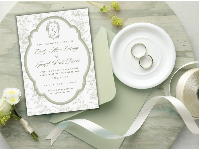 May include: A wedding invitation card featuring a sage green ornate frame, floral background patterns, and the text Emily Anne Cassidy and Joseph Scott Ricker. The set includes a sage green envelope, two silver rings, and a white ribbon.