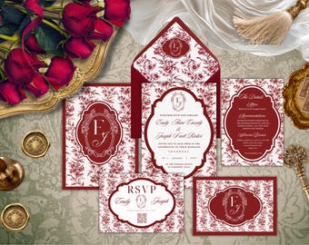 Cranberry Red Botanical Toile Wedding Invitation Suite, Vintage Burgundy Christmas Wedding Stationery (Editable Canva)