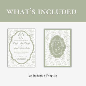 May include: Two rectangular invitation templates with sage green and white floral patterns. The left card features text including 'Emily Anne Cassidy & Joseph Scott Ricker' inside a decorative frame. The right card displays a large 'EJ' monogram.