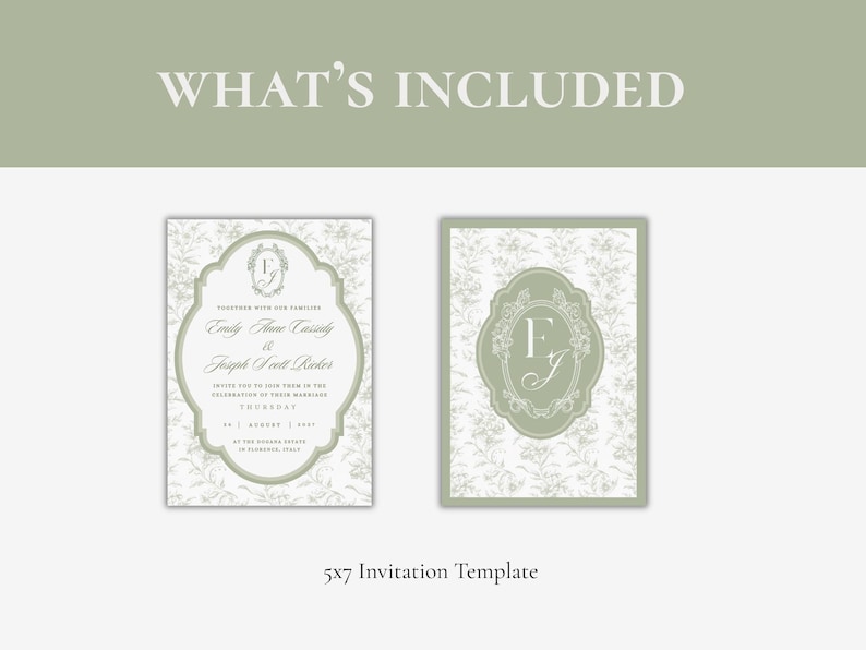 May include: Two rectangular invitation templates with sage green and white floral patterns. The left card features text including 'Emily Anne Cassidy & Joseph Scott Ricker' inside a decorative frame. The right card displays a large 'EJ' monogram.