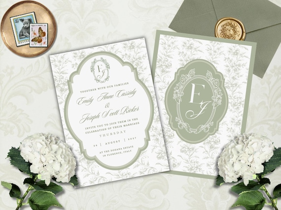 Sage Green Wedding Invitation Template Toile Floral Line Art Printable Invite Botanical Wedding Suite